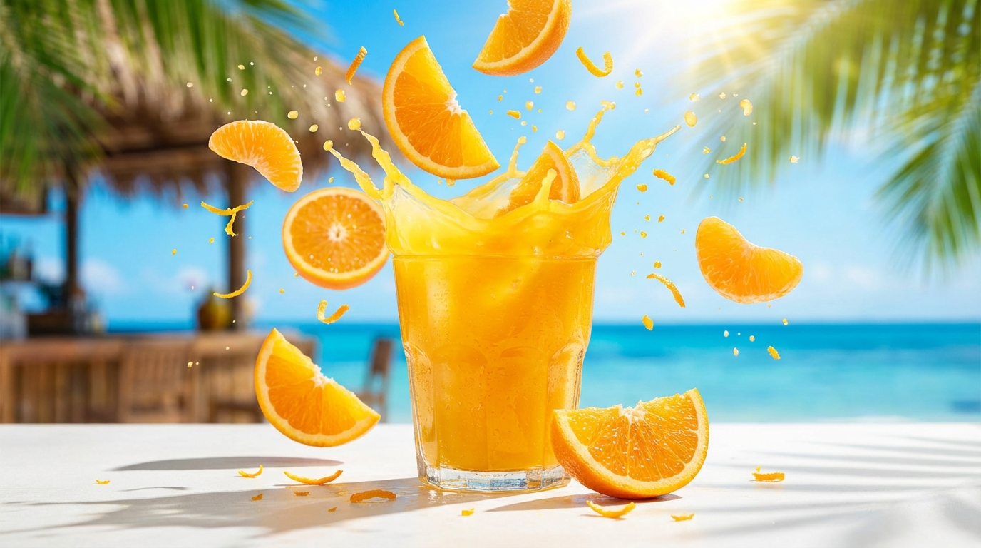 Subject: A glass of freshly squeezed orange juice with a splash effect, orange slices flying in the air. Lighting: Bright sunlight from the top right, creating sharp, crisp shadows. Details: Condensation on the glass, vibrant orange color, translucent liquid. Background: Blurred tropical beach bar, blue sky and palm leaves. Style: High-energy commercial advertisement.