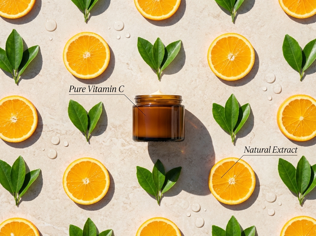 Subject: A flat lay photography of a Vitamin C cream jar in the center. Surroundings: Fresh orange slices, green leaves, and water droplets arranged neatly around the product (Knolling style). Labels: Elegant text labels with lines pointing to ingredients: "Pure Vitamin C", "Natural Extract". Lighting: Bright, natural sunlight, sharp shadows.