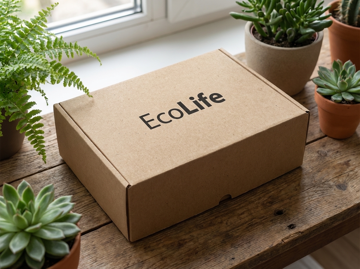 A realistic mockup of a kraft paper mailing box sitting on a wooden table with green plants. The box has a printed black logo "EcoLife". Natural daylight, soft shadows, texture of recycled paper visible.