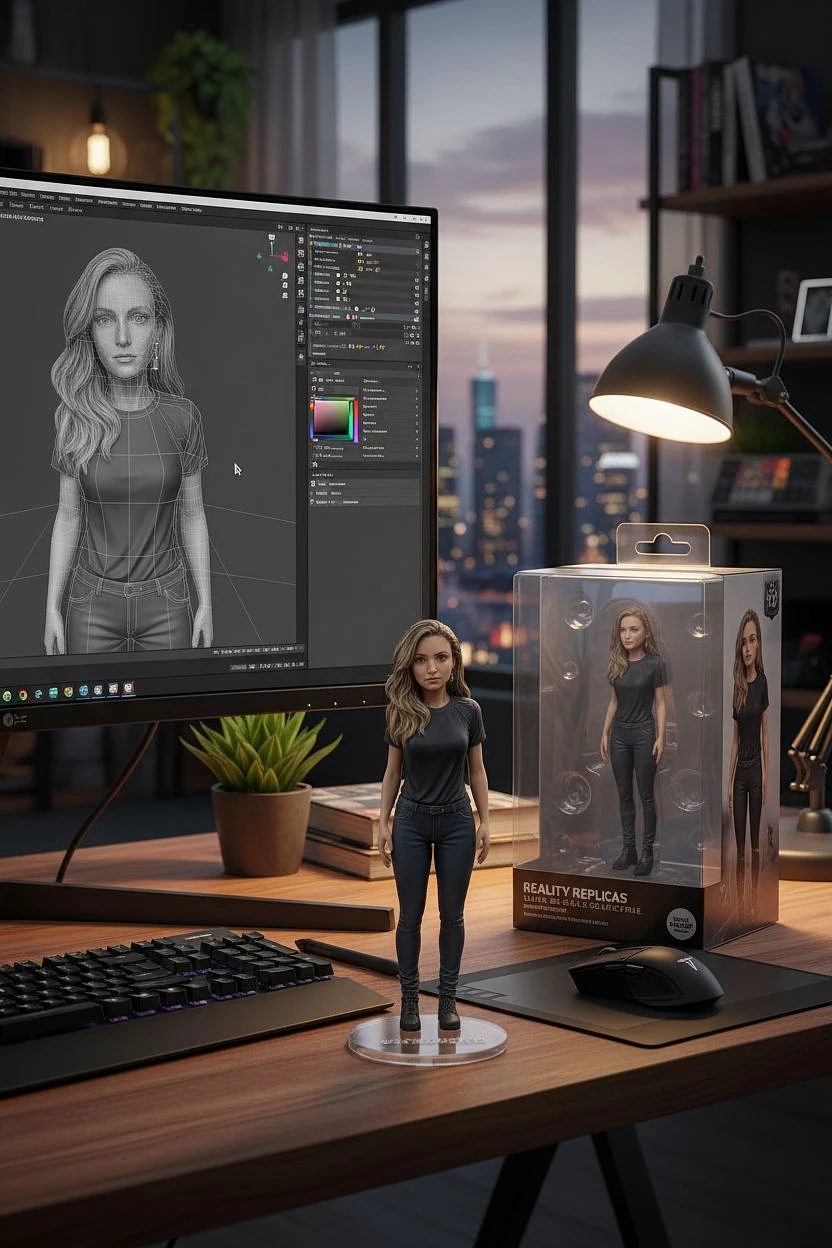 Transforming the photographed person into a realistic 3D figurine in front of a computer desk. The computer screen displays a 3D design drawing of the figurine's software interface. The figurine has a transparent base, and next to it is its matching packaging box, allowing the figurine to be seen.
The overall scene is in a realistic style, with the character presented in an ultra-realistic manner. The image quality reaches 4K high definition, the lighting effects are bright and layered, and the colors are saturated and vibrant, showcasing the exquisite imaging effect of high-end photography.
Visual Tone: The scene is rich in color and visually impactful. The camera should be able to display different grand backgrounds, with detailed and lively elements in the background, creating an immersive experience.