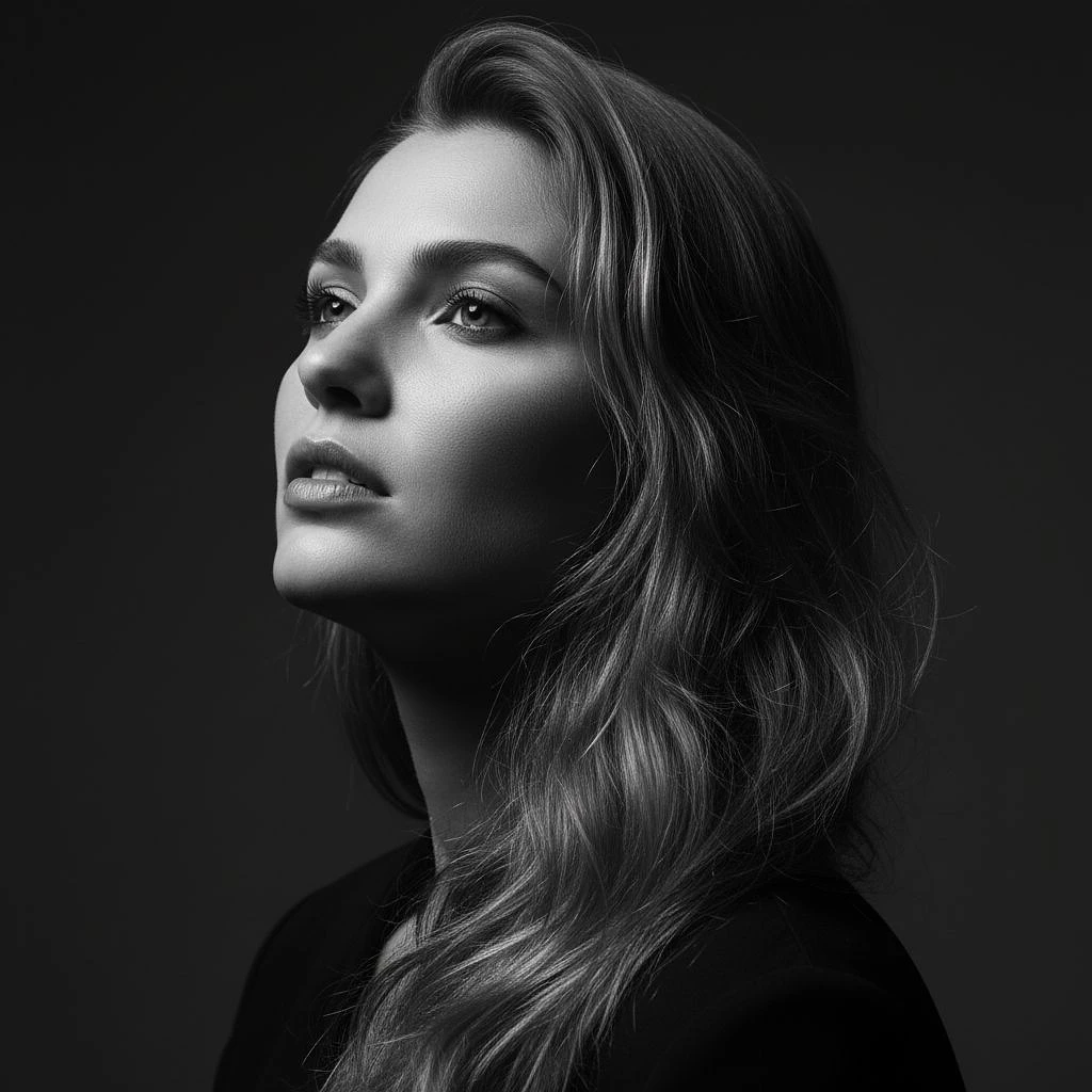 Portrait of a woman with long, wavy hair, looking up and to the side. Black and white with strong chiaroscuro accentuating facial features. Dramatic lighting, focused on the face, with a dark, blurred background. The expression is pensive, with the mouth slightly open. A high-resolution, fashion aesthetic with fine detail. 