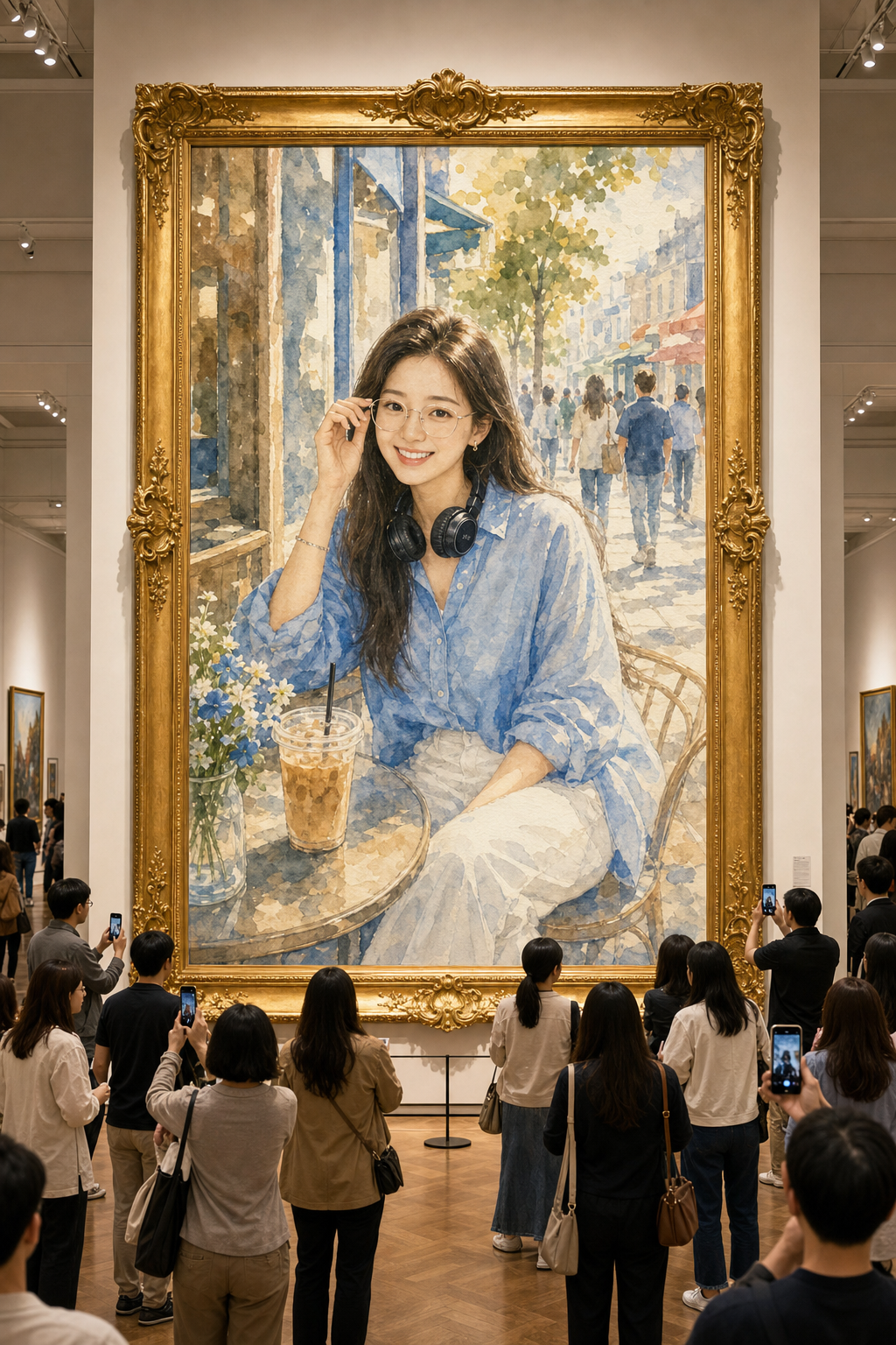 [입력값]
- 업로드한 인물 사진 1장

[기본 지시]
업로드한 인물 사진 1장을 메인 얼굴 정체성 참고 이미지로 사용해줘.
가장 중요한 것은 업로드한 인물의 얼굴 정체성과 자연스러운 분위기를 최대한 유지하는 것이다.

업로드한 인물을 고급 미술관에 걸린 거대한 금색 액자 속 수채화 패션 일러스트 작품으로 재구성해줘.
액자 앞에는 여러 관람객들이 스마트폰으로 작품을 촬영하거나 감상하는 전시회 장면을 만들어줘.

[얼굴 정체성 유지]
- 업로드한 인물의 얼굴형, 눈매, 눈 사이 간격, 코의 인상, 입술 모양, 턱선, 피부 톤, 나이대 느낌, 전체적인 자연스러운 인상을 유지해줘.
- 다른 사람처럼 바꾸지 말고, 흔한 AI 미녀/미남 얼굴로 새로 만들지 마.
- 과하게 보정하거나 피부를 지나치게 매끈하게 만들지 마.
- 업로드한 인물을 아는 사람이 봤을 때 “이 사람 느낌이 살아 있다”라고 느껴지게 해줘.
- 주인공은 반드시 액자 안의 그림 속 인물로만 표현하고, 액자 밖 관람객으로 다시 등장시키지 마.

[액자 속 그림 스타일]
- 액자 안의 이미지는 수채화풍 패션 일러스트 스타일로 표현해줘.
- 수채화 특유의 붓 번짐, 종이 위에 물감이 스며든 듯한 질감, 회화적인 배경 처리, 감성적인 패션 일러스트 무드를 유지해줘.
- 실사 사진처럼 만들기보다 고급스럽고 감성적인 수채화 패션 일러스트 느낌으로 만들어줘.
- 액자 속 그림은 미술관에 전시된 대형 초상화 작품처럼 선명하고 완성도 있게 보여야 해.

[액자 속 장면]
- 액자 안의 그림은 밝고 따뜻한 오후의 도시 카페 거리 또는 카페 테라스 앞 장면.
- 원본과 같은 단순 셀카 구도는 피하고, 새로운 포즈로 재해석해줘.
- 인물은 작은 야외 카페 테이블 옆에 자연스럽게 앉아 있거나, 카페 창가나 외벽 근처에 기대어 서 있는 장면.
- 한 손은 안경을 가볍게 만지고, 다른 손은 아이스커피 컵이나 테이블 근처에 자연스럽게 두어줘.
- 시선은 카메라를 정면으로 빤히 보기보다, 살짝 올려다보거나 자연스럽게 마주치는 느낌.
- 상반신부터 허벅지 정도가 보이는 세로형 패션 일러스트 구도.

[액자 속 의상 및 소품]
- 워시드 블루 또는 물 빠진 듯한 부드러운 블루 톤의 여름 셔츠.
- 하의는 화이트 계열의 와이드 팬츠 또는 깔끔한 화이트 하의.
- 큰 투명 프레임 안경을 유지.
- 목에는 헤드폰이 자연스럽게 걸려 있어야 함.
- 작은 골드 이어링, 얇은 실버 팔찌 정도의 미니멀 액세서리는 허용.
- 전체 스타일은 도시적이고 지적인데 부드러운 감성이 느껴지게 해줘.

[액자 속 색감]
- 메인 컬러는 워시드 블루.
- 보조 컬러는 소프트 화이트, 크림 베이지.
- 포인트는 부드러운 골드 햇빛.
- 전체적으로 청량하고 세련된 여름 오후 무드.
- 너무 쨍한 파랑은 피하고, 물감이 번진 듯한 부드러운 블루 계열로 정리해줘.

[액자 속 배경]
- 유럽풍 과장보다는 현실적인 감성 도시 카페 거리 느낌.
- 밝은 보도블록, 햇빛이 닿은 카페 창가, 은은한 그림자, 흐릿한 지나가는 사람 실루엣 정도.
- 배경은 인물보다 덜 선명하고, 수채화처럼 부드럽게 퍼지는 회화적 처리.
- 배경 디테일이 너무 많아서 인물이 묻히지 않게 해줘.

[전체 전시 장면 구성]
- 화면 중앙에 매우 큰 고급 금색 프레임 액자를 배치해줘.
- 액자는 미술관 벽에 걸려 있고, 벽을 압도할 정도로 크게 보여야 해.
- 프레임은 클래식하고 고급스러운 금색 장식 프레임.
- 프레임이 잘리지 않도록 전체가 화면에 자연스럽게 들어오게 해줘.
- 액자 안에는 위에서 설명한 수채화 패션 일러스트 작품이 들어가야 해.
- 전체 이미지는 “현실적인 미술관 전시장 + 액자 속 감성 수채화 패션 일러스트”가 자연스럽게 합쳐진 장면.

[관람객]
- 액자 아래와 앞쪽에는 여러 명의 관람객이 서 있게 해줘.
- 관람객들은 스마트폰으로 작품을 촬영하거나 감상하는 모습.
- 일부는 휴대폰을 들고 사진을 찍고, 일부는 서로 이야기하거나 작품을 바라보는 포즈.
- 관람객은 실제 사람처럼 자연스럽게 표현하되, 주인공보다 시선을 빼앗지 않게 배치.
- 관람객은 보조 요소이며, 주인공은 반드시 액자 속 그림 안에 있어야 해.

[미술관 배경]
- 현대적인 미술관 또는 갤러리 내부.
- 하얀 벽, 은은한 조명, 넓은 전시장, 차분한 분위기.
- 벽면 조명이나 천장 조명으로 액자 작품이 강조되게 해줘.
- 필요하면 옆 벽에 작은 작품들이 희미하게 보이게 해도 좋아.

[전체 분위기]
- 사람들이 작품 앞에서 감탄하며 사진을 찍는 유명 전시회 느낌.
- 고급스럽고 세련된 분위기.
- 지적이고 도시적인데 차갑지 않은 분위기.
- 음악을 즐기는 감성적인 사람의 여름 오후를 담은 작품.
- 저장하고 싶어지는 세련된 수채화 패션 일러스트 전시 장면.
- SNS에서 화제가 된 대형 초상화 전시처럼 연출해줘.

[품질]
- 고해상도.
- 사실적인 전시장 공간과 자연스러운 조명.
- 액자 속 그림은 선명하고 예술 작품처럼 보여야 해.
- 관람객, 스마트폰, 전시장, 액자, 그림이 자연스럽게 하나의 장면으로 어울리게 해줘.

[피해야 할 것]
- 업로드한 인물을 다른 사람으로 바꾸지 마.
- 흔한 AI 미녀/미남 얼굴로 바꾸지 마.
- 원본과 똑같은 셀카 자세 금지.
- 액자 밖에 원본 인물을 실사로 다시 배치하지 마.
- 주인공은 반드시 액자 안의 그림으로만 표현해줘.
- 과한 유럽 엽서풍 배경 금지.
- 지나치게 선명한 디지털 일러스트 느낌 금지.
- 과도한 피부 보정 금지.
- 배경 디테일 과잉 금지.
- 어색한 손, 왜곡된 얼굴, 이상한 손가락 금지.
- 과하게 화려한 패션 금지.
- 로고, 워터마크, 의미 없는 문자, 깨진 글자 금지.
- 과한 판타지 효과, 네온 컬러 금지.
