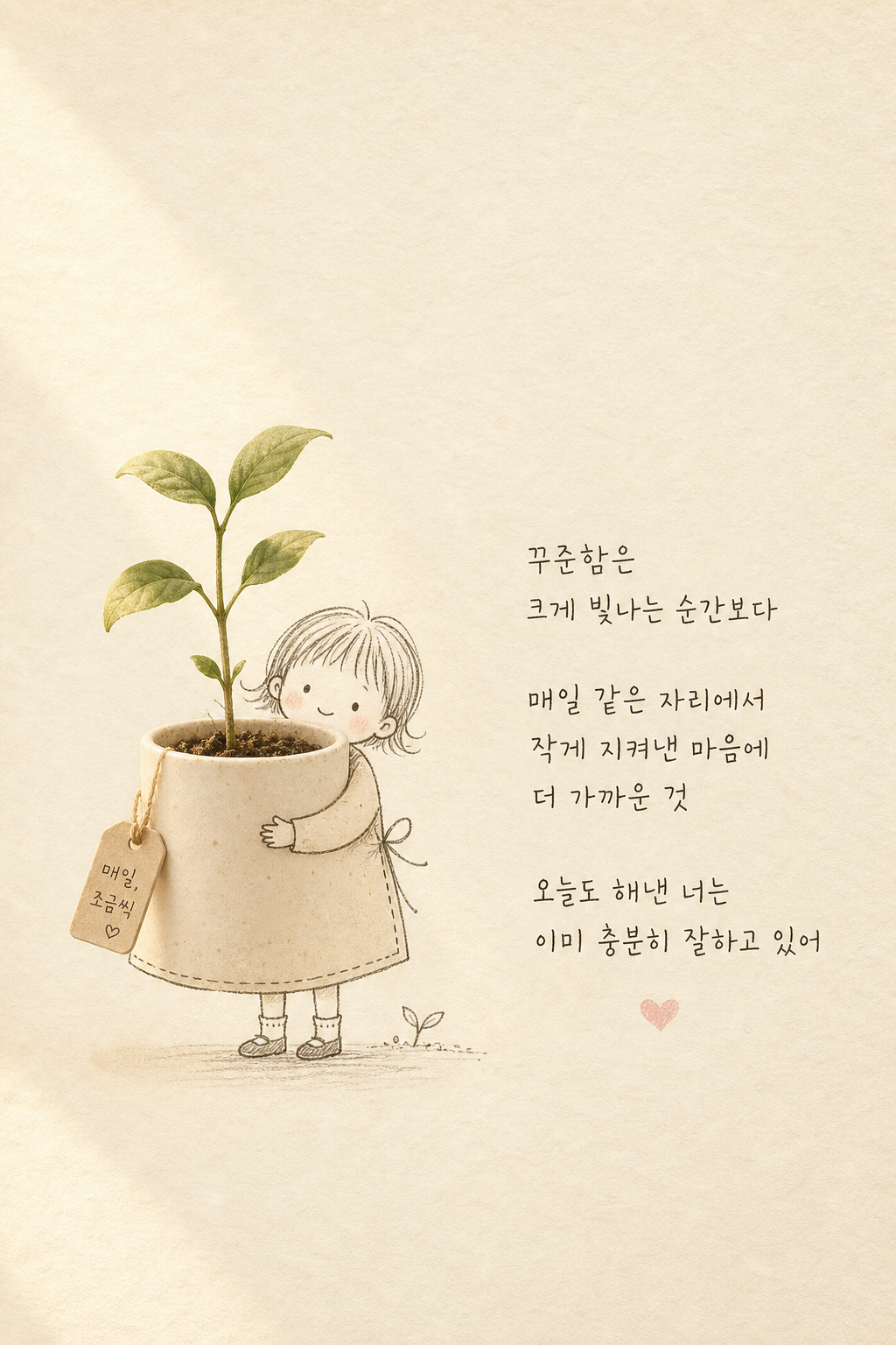 입력한 좋은 글을 감성적인 옆서형 이미지로 제작해줘.

[넣을 글]
꾸준함은
크게 빛나는 순간보다

매일 같은 자리에서
작게 지켜낸 마음에
더 가까운 것

오늘도 해낸 너는
이미 충분히 잘하고 있어

스타일:
따뜻한 크림색 종이 배경 위에 여백이 넓은 미니멀 감성 옆서 디자인.
작은 미니멀 손그림 캐릭터에 사물이 자연스럽게 합쳐진 느낌.
사물이 캐릭터의 옷이나 몸 일부처럼 연결된 스타일.
실제 사물 사진과 단순한 펜 손그림이 조합된 콜라주 스타일.
연필 또는 얇은 펜 선으로 그린 귀여운 작은 아이 캐릭터.
점눈, 작은 미소, 둥근 얼굴, 순수하고 따뜻한 표정.
한국 감성 힐링 일러스트와 일본 잡화 감성이 섞인 분위기.
전체 분위기는 조용하고 다정하며 위로가 되는 느낌.

구성:
세로형 옆서 비율.
배경은 아이보리, 크림, 연베이지 톤의 은은한 종이 질감.
여백이 많은 깨끗한 구성.
화면 중앙 또는 하단에 작은 손그림 캐릭터를 배치.
글의 분위기에 맞는 실제 오브젝트를 하나 이상 크게 배치.
예: 꽃, 장미, 튤립, 딸기 케이크, 강아지, 머그컵, 책, 편지, 작은 화분, 리본, 쿠키, 촛불, 새싹, 조약돌 등.
오브젝트는 사진처럼 섬세하고 부드러운 질감으로 표현.
캐릭터는 오브젝트와 단순히 옆에 있는 것이 아니라, 자연스럽게 연결되게 해줘.
예: 꽃잎이 아이의 치마가 되는 모습, 케이크 위에 앉은 아이, 큰 장미 줄기를 몸처럼 안고 있는 아이, 강아지와 선으로 이어진 산책 장면, 새싹 화분을 옷처럼 품은 아이.
사물과 손그림 캐릭터가 한 장의 감성 콜라주처럼 어울리게 구성해줘.

텍스트:
입력한 글을 이미지 안에 반드시 넣어줘.
한국어 손글씨 느낌의 얇고 단정한 폰트.
시적인 한국 손글씨 문구처럼 자연스럽고 따뜻하게 표현.
글자는 깨지지 않게 선명하고 읽기 쉽게.
문장은 3~5줄 또는 글의 호흡에 맞게 자연스럽게 줄바꿈.
글 위치는 오른쪽 중앙 또는 하단 중앙에 배치.
글 아래에 작은 하트 하나를 은은한 연핑크색으로 넣어줘.
텍스트는 너무 크지 않게, 넓은 여백과 조화를 이루게 배치.

분위기:
따뜻한 햇살, 부드러운 자연광, 은은한 그림자.
차분하고 감성적인 분위기.
동화책 삽화, 감성 엽서, 힐링 문구 카드, 수채화와 연필 드로잉이 섞인 느낌.
귀엽지만 유치하지 않고, 고급스럽고 깨끗한 이미지.
SNS에 올리기 좋은 감성 카드뉴스/옆서 이미지.

품질:
고해상도, 선명한 디테일, 깨끗한 배경, 부드러운 색감, 상업용 이미지 퀄리티.

금지:
글자 깨짐, 오타, 의미 없는 문자, 과한 장식, 복잡한 배경, 강한 색감, 네온 컬러, 무거운 분위기, 너무 사실적인 사람 얼굴, 손가락 왜곡, 로고, 워터마크는 넣지 마.