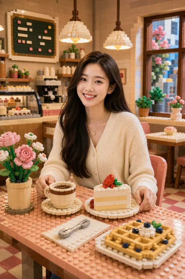 카페에서 커피와 디저트를 먹는 한국 인플루언서 인물을 생성하고, 인물은 자연스러운 실사 느낌 그대로 유지하되 인물을 제외한 배경과 주변 사물은 모두 레고 블록 세계로 변환해줘.

[핵심 컨셉]
실사 인물이 레고 블록으로 만들어진 카페 세계 안에 들어가 있는 듯한 이미지.
주인공 인물의 얼굴, 표정, 헤어스타일, 피부톤, 포즈, 의상은 자연스러운 포토리얼 느낌으로 유지한다.
주인공을 제외한 배경, 공간, 사물, 음식, 식물, 조명, 가구는 레고 브릭, 미니 블록, 플라스틱 장난감 질감으로 재구성한다.

[인물]
- 20대 중반의 스타일리시한 한국 여성 인플루언서.
- 긴 다크 헤어, 자연스러운 메이크업, 따뜻한 미소.
- 우아한 캐주얼 의상.
- 카페 테이블에 앉아 커피와 디저트를 즐기는 모습.
- 한 손은 커피잔 근처, 다른 손은 디저트 접시 근처에 자연스럽게 둔다.
- 얼굴, 피부, 머리카락, 손, 의상, 몸 비율은 실제 사람처럼 선명하고 자연스럽게 유지한다.

[장면 설정]
코지한 파스텔 카페 인테리어.
주인공을 제외한 모든 요소는 레고 브릭으로 만든 디오라마 세트처럼 표현한다.
카페 테이블, 의자, 벽, 바닥, 창문, 펜던트 조명, 메뉴보드, 식물, 꽃병, 커피잔, 디저트 접시, 케이크, 와플, 스푼, 냅킨, 배경 선반과 장식은 모두 레고 블록으로 만든다.
커피와 디저트는 레고 브릭 오브젝트지만 커피와 디저트로 알아볼 수 있게 표현한다.
식물과 꽃은 작은 초록색/파스텔 레고 조각으로 조립된 형태로 표현한다.

[스타일]
- 포토리얼 인물 + 레고 브릭 카페 디오라마 하이브리드 이미지.
- 고급 SNS 에디토리얼 이미지.
- 따뜻한 카페 조명, 얕은 심도, 부드러운 배경 흐림.
- 레고 브릭의 둥근 스터드, 블록 경계, 플라스틱 반사광, 미니어처 조립 디테일이 선명하게 보이도록 표현.
- 원본 사진처럼 자연스러운 조명 방향, 원근감, 그림자를 유지해 실제 사람이 레고 카페 세트 안에 있는 것처럼 통합한다.

[구도]
세로형 4:5 또는 3:4 SNS 이미지.
인물은 중앙 또는 살짝 비껴서 배치하고, 카페 테이블과 레고 디저트를 전경에 둔다.
배경에는 깊이감 있는 레고 카페 인테리어를 배치한다.
인물의 얼굴이나 손을 레고 오브젝트가 가리지 않게 한다.

[텍스트/로고]
이미지 안에는 글자, 워터마크, 로고, UI 요소를 넣지 않는다.
메뉴보드나 라벨은 실제 문자가 아닌 추상적인 레고 타일 패턴으로 대체한다.

[품질 조건]
얼굴은 왜곡 없이 자연스럽게 유지한다.
눈, 입, 코, 손, 머리카락, 의상 실루엣이 어색하지 않게 표현한다.
주인공은 레고 미니피겨처럼 만들지 말고 실사 인물로 유지한다.
배경과 주변 사물만 레고 블록으로 변환한다.
전체 이미지는 따뜻하고 트렌디한 인스타그램 감성으로 완성한다.