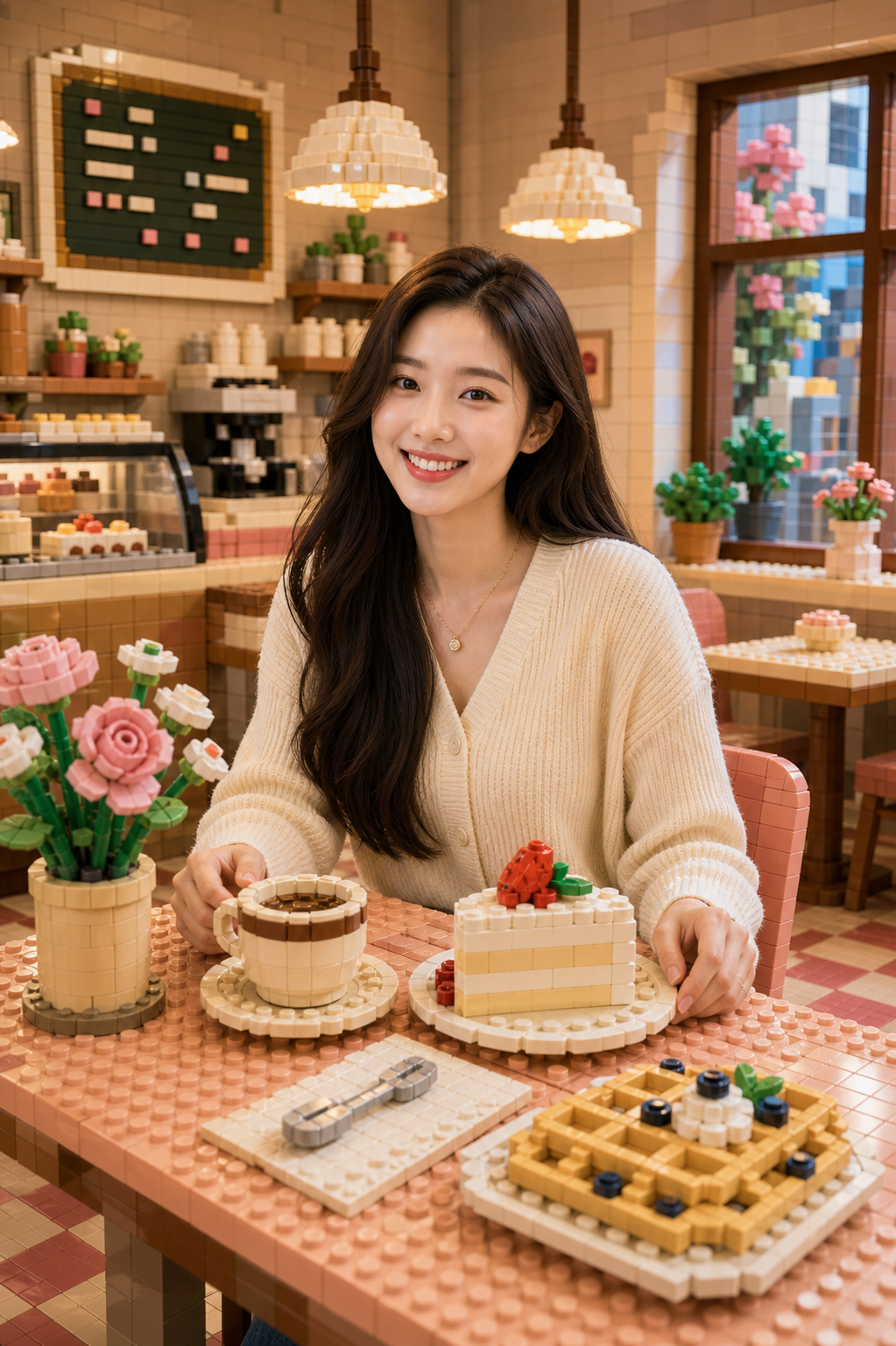 카페에서 커피와 디저트를 먹는 한국 인플루언서 인물을 생성하고, 인물은 자연스러운 실사 느낌 그대로 유지하되 인물을 제외한 배경과 주변 사물은 모두 레고 블록 세계로 변환해줘.

[핵심 컨셉]
실사 인물이 레고 블록으로 만들어진 카페 세계 안에 들어가 있는 듯한 이미지.
주인공 인물의 얼굴, 표정, 헤어스타일, 피부톤, 포즈, 의상은 자연스러운 포토리얼 느낌으로 유지한다.
주인공을 제외한 배경, 공간, 사물, 음식, 식물, 조명, 가구는 레고 브릭, 미니 블록, 플라스틱 장난감 질감으로 재구성한다.

[인물]
- 20대 중반의 스타일리시한 한국 여성 인플루언서.
- 긴 다크 헤어, 자연스러운 메이크업, 따뜻한 미소.
- 우아한 캐주얼 의상.
- 카페 테이블에 앉아 커피와 디저트를 즐기는 모습.
- 한 손은 커피잔 근처, 다른 손은 디저트 접시 근처에 자연스럽게 둔다.
- 얼굴, 피부, 머리카락, 손, 의상, 몸 비율은 실제 사람처럼 선명하고 자연스럽게 유지한다.

[장면 설정]
코지한 파스텔 카페 인테리어.
주인공을 제외한 모든 요소는 레고 브릭으로 만든 디오라마 세트처럼 표현한다.
카페 테이블, 의자, 벽, 바닥, 창문, 펜던트 조명, 메뉴보드, 식물, 꽃병, 커피잔, 디저트 접시, 케이크, 와플, 스푼, 냅킨, 배경 선반과 장식은 모두 레고 블록으로 만든다.
커피와 디저트는 레고 브릭 오브젝트지만 커피와 디저트로 알아볼 수 있게 표현한다.
식물과 꽃은 작은 초록색/파스텔 레고 조각으로 조립된 형태로 표현한다.

[스타일]
- 포토리얼 인물 + 레고 브릭 카페 디오라마 하이브리드 이미지.
- 고급 SNS 에디토리얼 이미지.
- 따뜻한 카페 조명, 얕은 심도, 부드러운 배경 흐림.
- 레고 브릭의 둥근 스터드, 블록 경계, 플라스틱 반사광, 미니어처 조립 디테일이 선명하게 보이도록 표현.
- 원본 사진처럼 자연스러운 조명 방향, 원근감, 그림자를 유지해 실제 사람이 레고 카페 세트 안에 있는 것처럼 통합한다.

[구도]
세로형 4:5 또는 3:4 SNS 이미지.
인물은 중앙 또는 살짝 비껴서 배치하고, 카페 테이블과 레고 디저트를 전경에 둔다.
배경에는 깊이감 있는 레고 카페 인테리어를 배치한다.
인물의 얼굴이나 손을 레고 오브젝트가 가리지 않게 한다.

[텍스트/로고]
이미지 안에는 글자, 워터마크, 로고, UI 요소를 넣지 않는다.
메뉴보드나 라벨은 실제 문자가 아닌 추상적인 레고 타일 패턴으로 대체한다.

[품질 조건]
얼굴은 왜곡 없이 자연스럽게 유지한다.
눈, 입, 코, 손, 머리카락, 의상 실루엣이 어색하지 않게 표현한다.
주인공은 레고 미니피겨처럼 만들지 말고 실사 인물로 유지한다.
배경과 주변 사물만 레고 블록으로 변환한다.
전체 이미지는 따뜻하고 트렌디한 인스타그램 감성으로 완성한다.