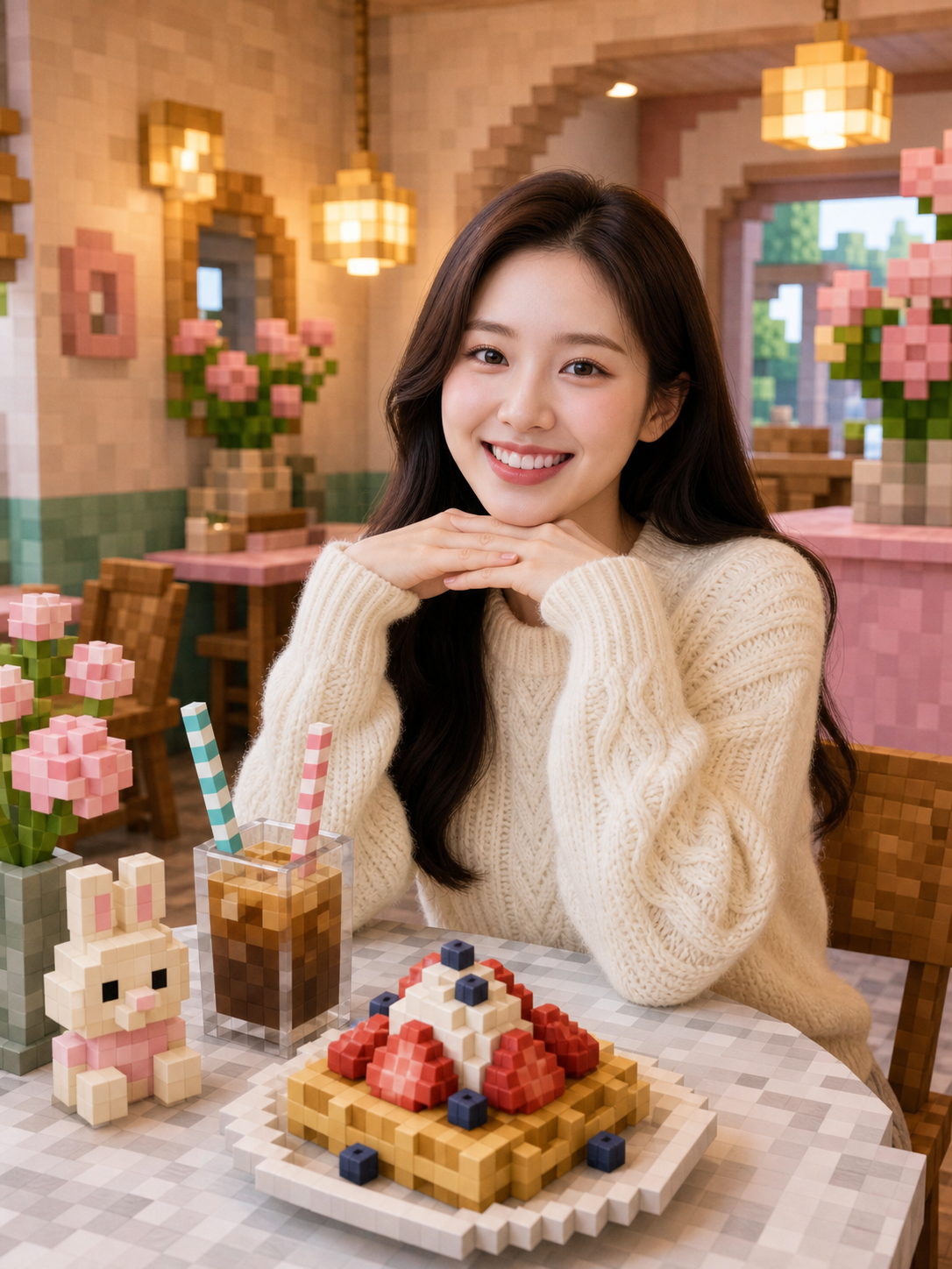 첨부한 인물 사진을 기반으로, 인물은 자연스러운 실사 느낌을 유지하고 배경과 주변 오브젝트는 마인크래프트 스타일의 블록 월드로 변환해줘.

[핵심 컨셉]
실사 인물이 마인크래프트풍 블록 세계 안에 들어가 있는 듯한 이미지.
인물의 얼굴, 표정, 헤어스타일, 피부톤, 포즈는 원본 사진과 최대한 자연스럽게 유지한다.
배경, 가구, 음식, 소품, 조명, 풍경은 모두 큐브 블록과 픽셀 질감으로 재구성한다.

[장면 설정]
코지한 파스텔 카페를 마인크래프트풍 3D 블록 인테리어로 표현한다.
테이블, 의자, 벽, 아치형 입구, 거울, 꽃병, 조명, 음료, 와플, 과일, 인형 소품은 모두 픽셀 블록 형태로 만든다.
따뜻한 카페 조명과 얕은 심도, 부드러운 배경 흐림을 사용한다.

[스타일]
- 실사 인물 + 마인크래프트풍 블록 배경의 하이브리드 이미지
- 고품질 포토리얼 인물
- 픽셀 아트와 3D 블록 렌더링이 결합된 느낌
- 큐브 형태의 오브젝트, 각진 질감, 블록 단위의 음식과 소품
- 따뜻한 시네마틱 조명
- 파스텔 카페 무드
- 인물과 배경이 어색하지 않게 같은 조명 방향으로 통합

[구도]
인물은 화면 중앙에 배치한다.
인물 앞쪽에는 블록 스타일의 와플, 딸기, 아이스커피, 꽃, 인형 소품을 풍성하게 배치한다.
배경에는 블록으로 만든 카페 인테리어, 아치, 조명, 테이블, 식물 등을 넣어 공간감을 만든다.
세로형 SNS 이미지에 어울리는 구도.

[텍스트/로고]
이미지 안에는 글자, 워터마크, 로고, UI 요소를 넣지 않는다.

[품질 조건]
얼굴은 왜곡 없이 자연스럽게 유지한다.
손가락, 눈, 입, 어깨 라인이 어색하지 않게 표현한다.
배경만 과도하게 픽셀화하고, 인물은 선명하고 고급스럽게 유지한다.
전체 이미지는 따뜻하고 감성적인 분위기로 완성한다.