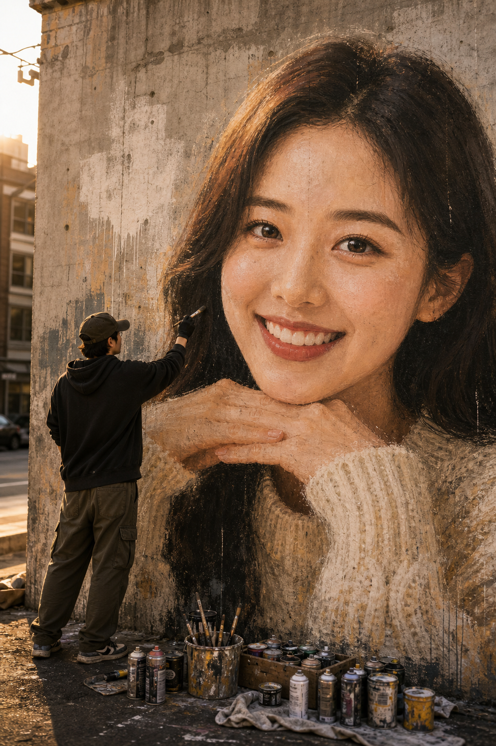 첨부한 인물 사진을 기반으로, 사진 속 인물의 얼굴을 거대한 벽화로 그리는 장면을 만들어줘.

[입력 이미지]
{인물 사진 또는 참고 이미지}

[핵심 컨셉]
첨부한 인물 사진을 참고해, 도시의 큰 콘크리트 벽에 해당 인물의 초상화가 사실적인 벽화로 그려진 장면.
벽화 속 얼굴은 첨부 사진의 인물과 닮게 표현하되, 실제 벽에 페인트로 그려진 듯한 질감과 색 번짐이 느껴지게 한다.
벽 앞에는 그림을 그리고 있는 아티스트가 서 있고, 손에는 붓이나 스프레이 페인트를 들고 있다.

[장면 설정]
장소는 야외 도시 거리 또는 넓은 콘크리트 벽 앞.
큰 회색 콘크리트 벽 전체에 인물 초상화 벽화가 그려져 있다.
벽 아래에는 페인트통, 스프레이 캔, 붓, 작업 도구가 놓여 있다.
벽화는 완성 직전 또는 막 마무리 중인 느낌으로 표현한다.
벽에는 콘크리트 질감, 얼룩, 균열, 페인트 자국, 물감이 흘러내린 흔적이 자연스럽게 보이게 한다.

[벽화 스타일]
- 대형 리얼리즘 인물 벽화
- 스트리트 아트
- 페인트 브러시 질감
- 스프레이 페인트 그라데이션
- 벽에 스며든 색감
- 약간의 색 번짐과 드립 페인트
- 얼굴은 정교하고 사실적으로, 가장자리는 벽화 특유의 거친 질감
- 원본 인물의 눈, 코, 입, 헤어스타일, 표정을 최대한 반영

[아티스트 설정]
벽 앞에는 벽화를 그리고 있는 한 명의 아티스트가 서 있다.
아티스트는 뒤모습 또는 측면 모습으로 배치한다.
아티스트의 얼굴은 강조하지 않고, 벽화 작업 중인 행동이 중심이 되게 한다.
아티스트는 캐주얼한 옷을 입고 있고, 손에는 붓이나 스프레이 캔을 들고 있다.
아티스트의 크기는 벽화의 거대함이 느껴지도록 작게 배치한다.

[구도]
세로형 SNS 이미지 구도.
벽화 속 인물 얼굴은 화면 대부분을 차지할 정도로 크게 배치한다.
아티스트는 벽화 앞 하단 또는 왼쪽 아래에 배치해 스케일감을 만든다.
벽 아래 작업 도구와 페인트 캔을 자연스럽게 배치한다.
원본 사진이 작은 참고 이미지처럼 화면 구석에 들어가지 않게 한다.
이미지 안에는 별도의 인셋 사진, 프레임, UI 요소를 넣지 않는다.

[조명/분위기]
따뜻한 자연광 또는 골든아워 조명.
도시 거리의 현실적인 분위기.
벽화와 실제 공간이 자연스럽게 어우러지게 한다.
시네마틱하고 감성적인 스트리트 포토 느낌.

[텍스트/로고]
이미지 안에는 글자, 워터마크, 로고, UI 요소를 넣지 않는다.
유니폼, 간판, 벽면 등에 실제 읽을 수 있는 텍스트를 넣지 않는다.
필요한 경우 추상적인 그래픽 패턴으로 대체한다.

[품질 조건]
벽화 속 얼굴은 첨부 인물과 닮게 표현한다.
눈, 코, 입, 얼굴형, 헤어스타일이 왜곡되지 않게 한다.
벽화는 실제 사진처럼 보이는 인물 합성이 아니라, 벽에 그려진 페인트 초상화처럼 보여야 한다.
벽의 질감과 페인트 질감이 얼굴 위에 자연스럽게 살아 있어야 한다.
전체 이미지는 실제 거리에서 대형 벽화를 그리고 있는 장면처럼 완성한다.

